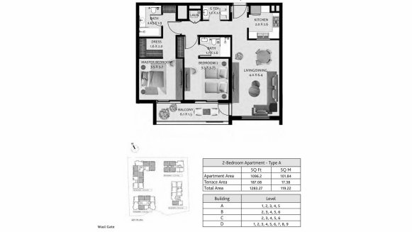 Apartment floor plan, 2 bedrooms in HILLSIDE RESIDENCES No. 11008 (2D)